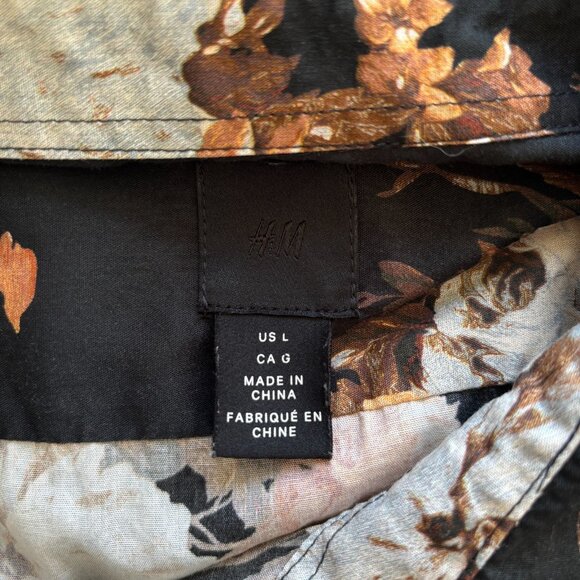 H&M Men's Size Large Button Down Bold Floral Print Black Brown Vintage Vibes - Picture 3 of 10